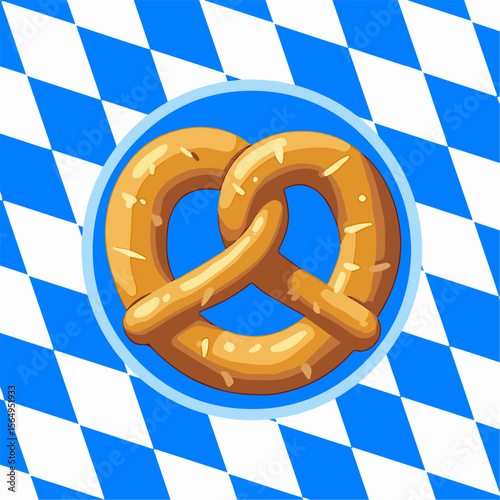 From the series "oktoberfest", Bavarian pretzel on the background of traditional bavarian pattern with blue and white rhombus