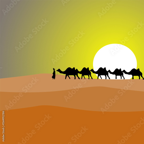 Desert caravan scene. Camel animal transport. Sand dune landscape. Vector travel illustration.