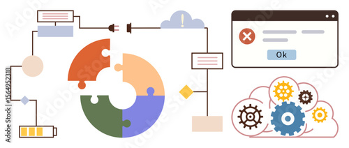 Flowchart with gears, pie chart, and plug icons connected to cloud, battery, and error popup. Ideal for technology, process management, automation, debugging troubleshooting system analysis simple