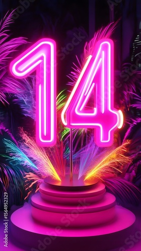 Neon Number 14 Tropical Party Festive Background