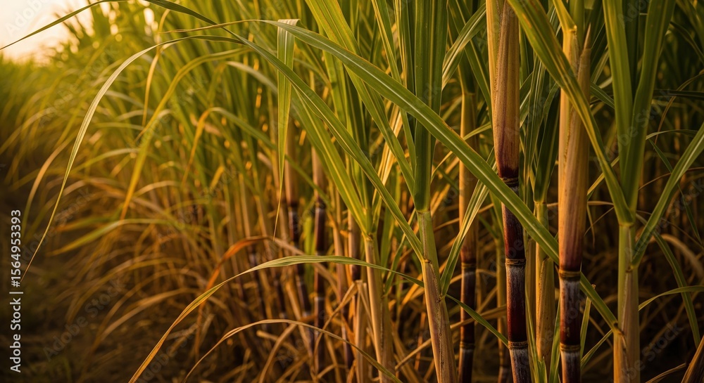Obraz premium Close-up of Sugarcane Stalks and Leaves at Sunset