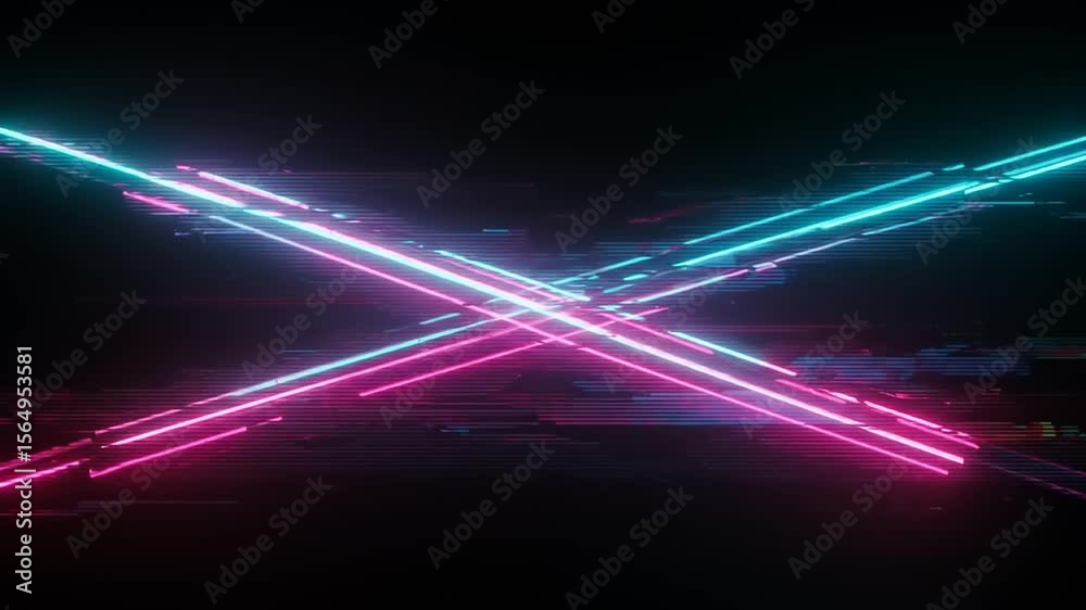 Abstract neon light patterns intersecting in a dark space, creating a vibrant digital atmosphere