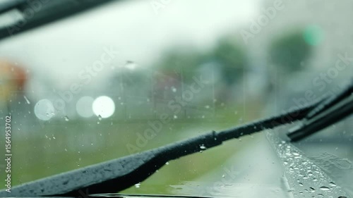 the windshield is cleared by wipers during rain