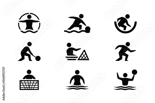Water polo player actions and symbols ball swimming