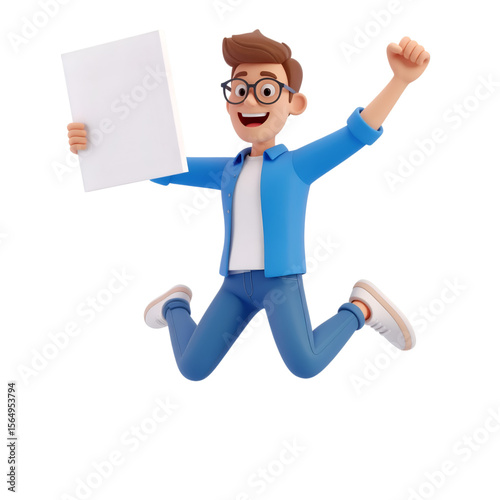 Jumping for Joy: Energetic depiction of a young man holding a paper, celebrating success, expressing pure joy in a vibrant 3D illustration.