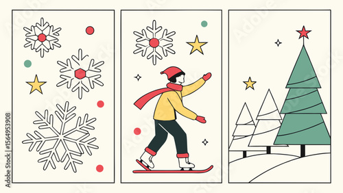 A cheerful skater, wearing a red hat and scarf, glides across a winter landscape adorned with snowflakes and Christmas trees.
