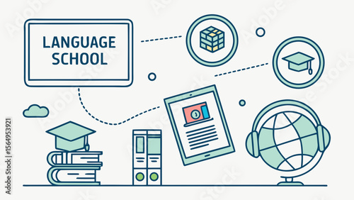 An illustrated concept of a language school with learning tools, a globe, and digital resources.