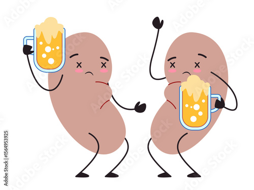 two anthropomorphic kidney characters drunk or tipsy while holding a beer mug representing the effects of alcohol on kidney health