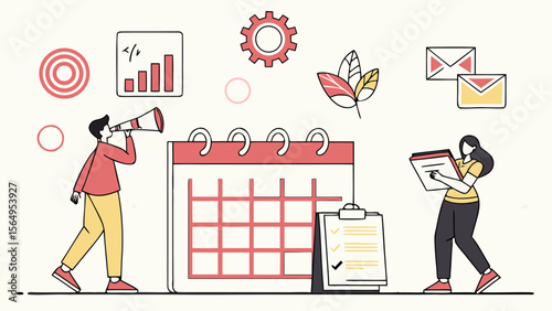 A man and woman engage in a productive work session with a calendar and checklist, capturing teamwork and planning.