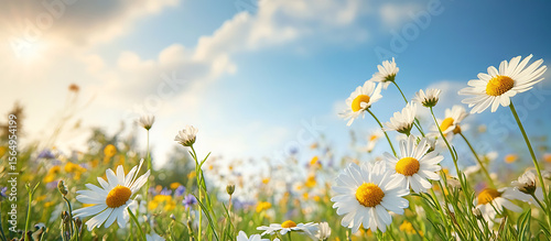 Beautiful spring meadow with wildflowers, daisies, and bluebells against a background of sky with clouds. Panoramic banner with copy space area for design. Springtime nature landscape.
