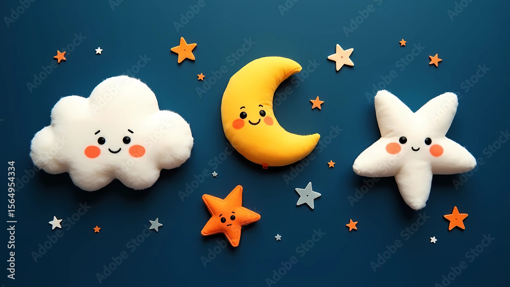 Obraz premium Whimsical Plush Celestial Flat Lay with Moon, Stars, and Cloud on Navy Background