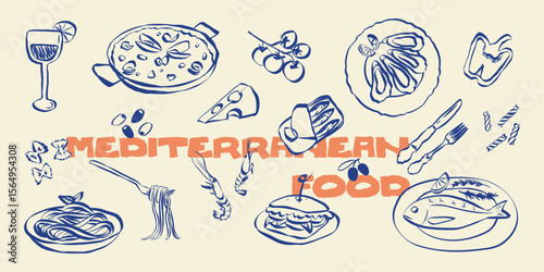 Whimsical Mediterranean food doodles. Quirky icons of breakfasr and brunch meals in simple crayon and sketch style. Trendy art for menus and dinner invitations. La dolce vita vector illustration