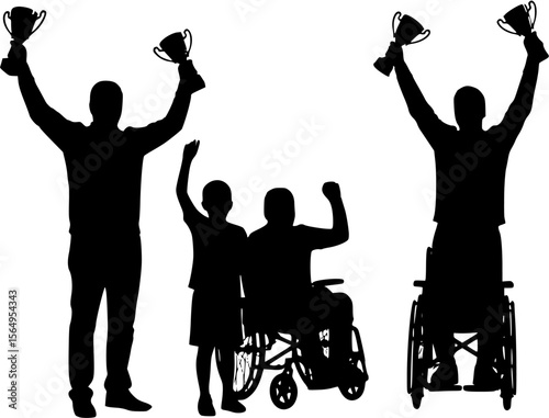 Adult man woman a boy and disabled man in the wheelchair raising trophies and raising hands together black silhouettes.
