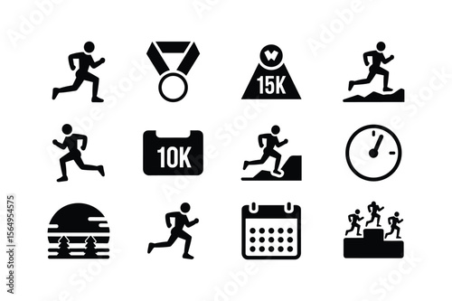 Running icons medal distance calendar stopwatch runners podium sunset award trophy
