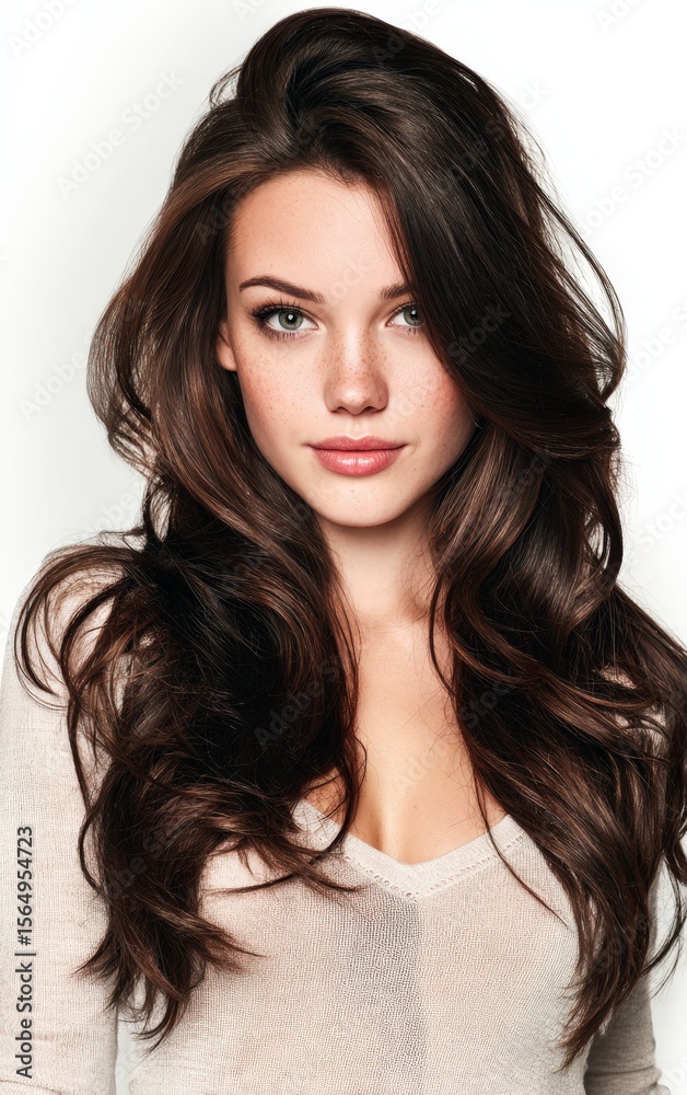 Naklejka premium Stunning brunette model with long, wavy hair. Perfect for beauty, fashion, and haircare advertising. Ideal for websites, magazines, and social media.