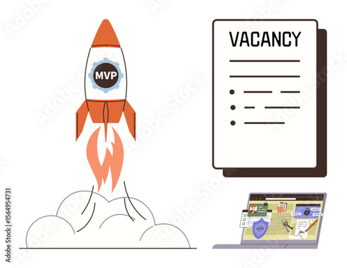 Rocket labeled MVP taking off, a vacancy posting, and a laptop with pinned notes symbolizing business growth, innovation, strategic hiring, and teamwork. Ideal for entrepreneurship, career