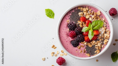 Top-down view of a vibrant smoothie bowl with granola, chia seed, and fresh berry, symbolizing healthy eating, nutritious breakfast, and a balanced lifestyle