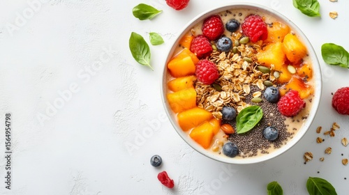 Top-down view of a colorful smoothie bowl with granola, chia seed, and fresh fruit, symbolizing healthy eating, nutritious breakfast, and a balanced lifestyle on a white textured background