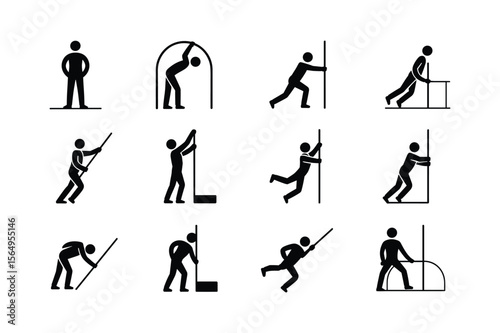 Figures performing various actions with poles and structures stick figures black and white