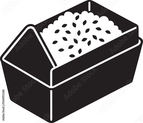 Black bento box with white rice and seeds food container
