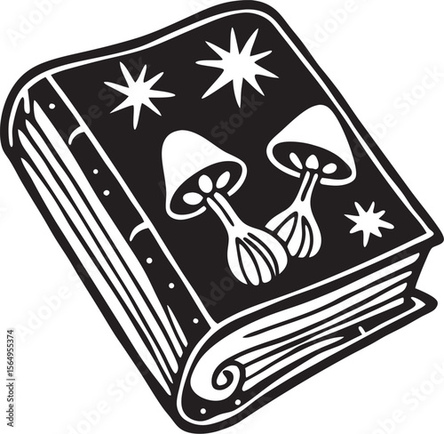 Ancient spellbook with celestial mushrooms worn magic