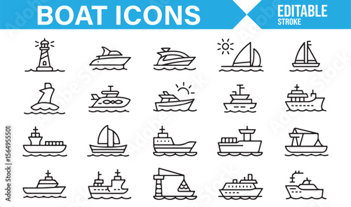 A Stylish Collection of Boat, Ship, and Lighthouse Icons for Design and Branding