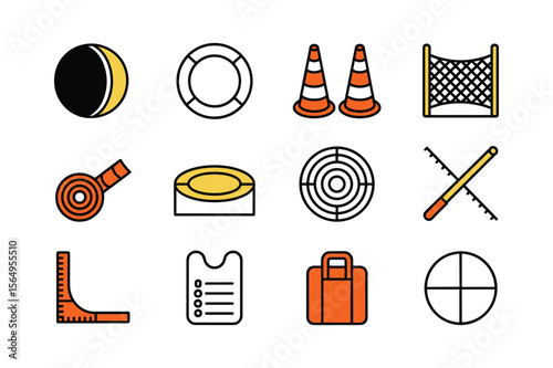 Sports equipment icons including cones whistle and target safety cones
