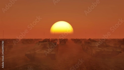 A vast formation of armored military tanks advancing across a dusty desert under a dramatic orange sunrise.