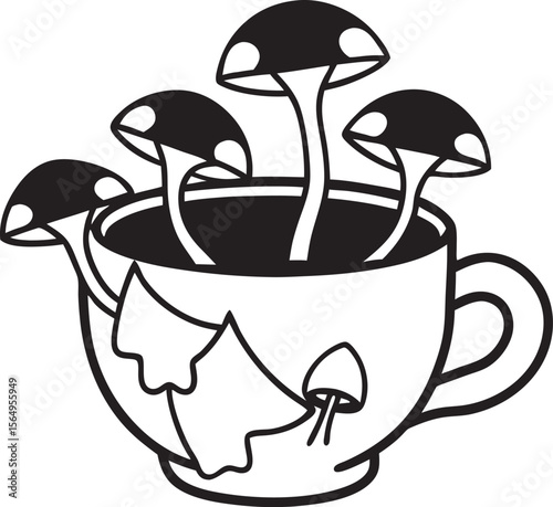 Broken teacup with mushrooms growing cracked fungi