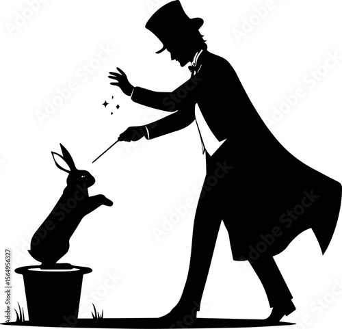 Magician Pulling Rabbit from Hat Silhouette - Classic Magic Show Illusion