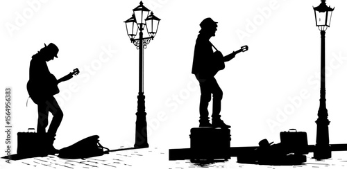 Street Musicians Silhouettes - Urban Buskers Playing Guitar Scene
