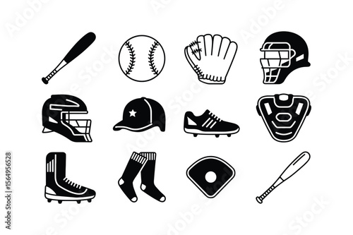 Baseball equipment icons including bats balls gloves helmets and cleats vector