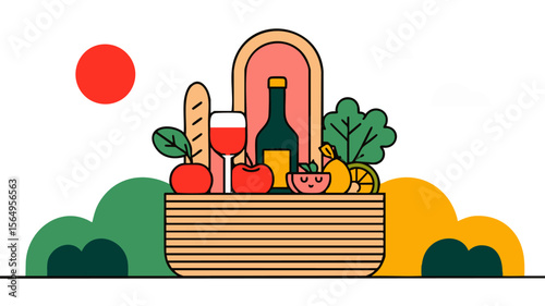 Picnic basket with wine and food vector illustration for summer outdoor activity and relaxation concept