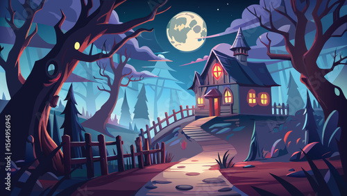 Spooky Halloween night scene with pumpkins, a haunted house, and a scary tree silhouette against a moonlit sky