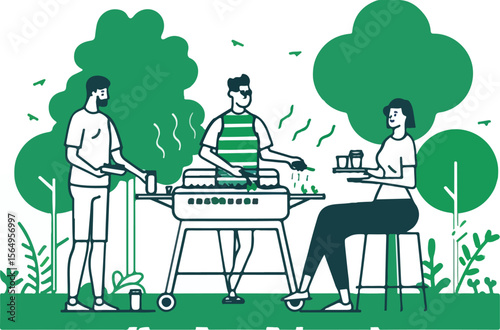 Line Art Illustration of Friends Enjoying a Barbecue in a Green Park Setting