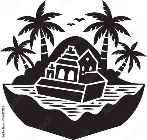 Tropical island paradise with palm trees and structures