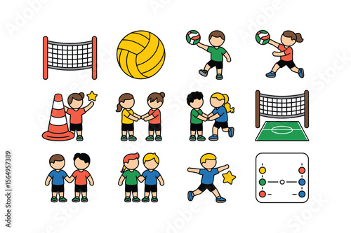 Volleyball game icons with players and equipment court