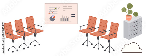 Office setup featuring swivel chairs, data chart with graphs, filing cabinet topped with a potted plant, and a cloud element. Ideal for business, teamwork, strategy, productivity, workspace