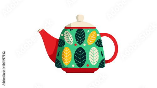 Stock vector graphic illustration of decorative teapot with leaf pattern for tea time design