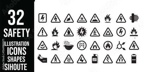 A collection of black and white safety hazard icons in a grid layout on a white background
