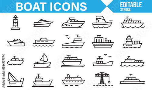 Collection of Boat and Ship Vector Icons in Black and White