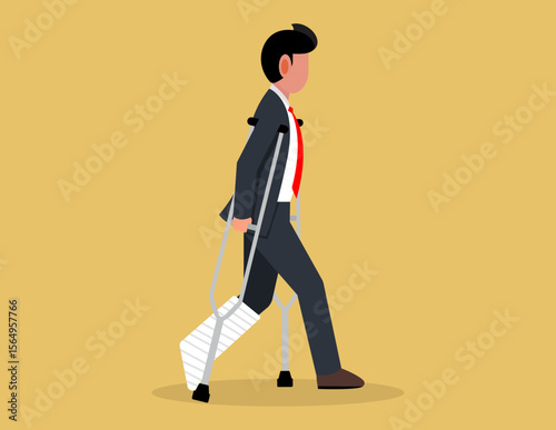 Broken Legs.  An injured businessman walking with crutches determined to keep moving forward despite the pain