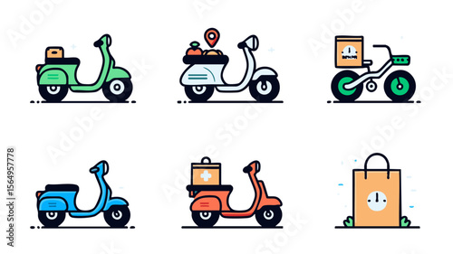 Delivery scooter bike vector design set for food delivery and online shopping service business concept