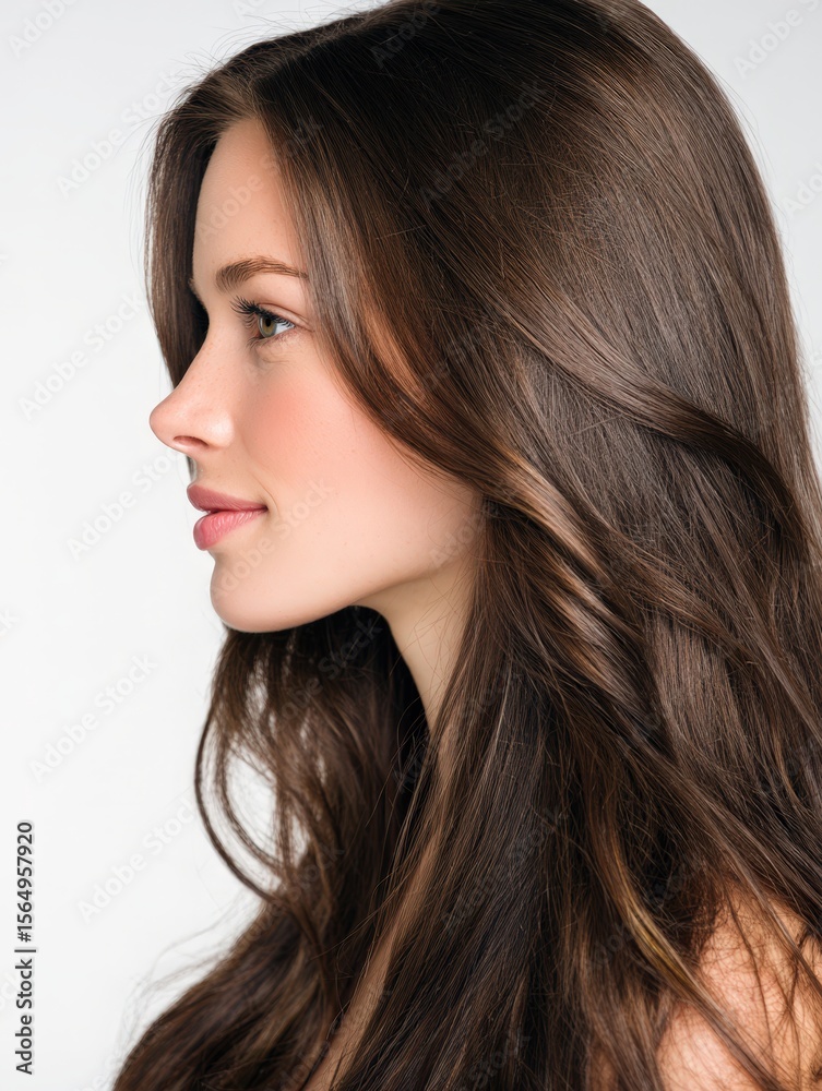 Fototapeta premium Stunning woman profile, long brown hair. Perfect for beauty, haircare, and fashion. Ideal for websites and magazines.