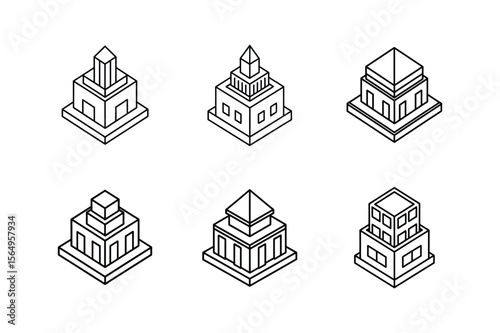 isometric building view icon line art vector illustration
