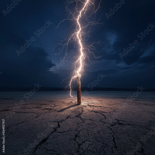 A dramatic nighttime photo captures a bolt of lightning striking a lone metal pole on cracked desert ground, illuminating the dark sky and emphasizing nature's raw power.