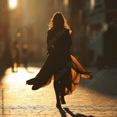 A dramatic silhouette of a woman in a long flowing coat walking into golden sunset light on a city street, creating a cinematic and mysterious atmosphere.