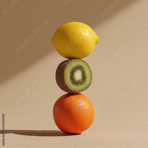 A visually balanced stack of lemon, sliced kiwi, and orange stands upright against a soft beige background, blending vibrant color, texture, and minimalist composition in a creative fruit display.