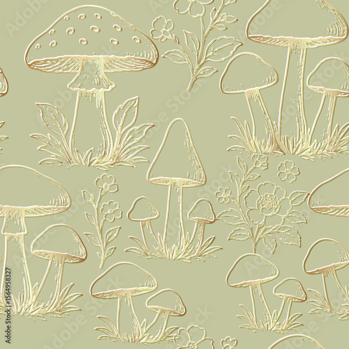 3d emboss vintage seamless pattern with golden hand drawn line art mushrooms and wildflowers on a muted green background. Elegant botanical forest illustration. Endless texture. Beautiful lines design