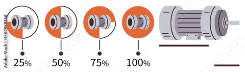 Sequential motor visualization shows power stages at 25, 50, 75, and 100 efficiency levels. Ideal for engineering, mechanics, automation, energy analysis, machinery industrial training simple flat